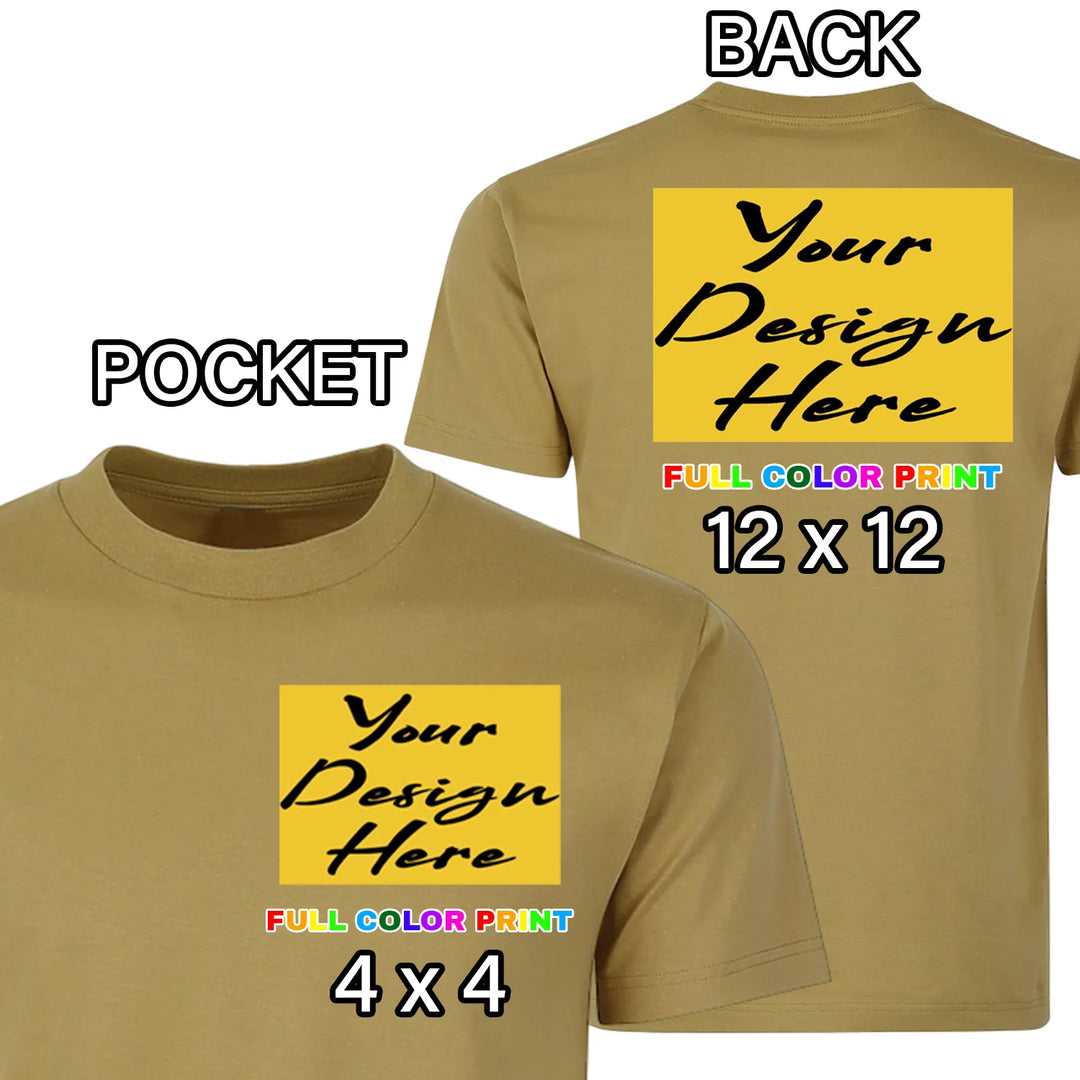 Custom Khaki t-shirt pocket and back combo full color DTF print left chest pocket and back placement