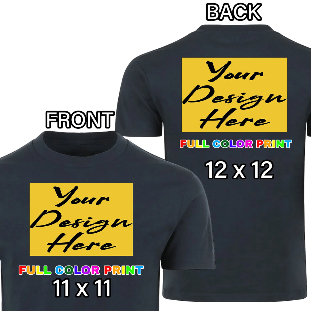 Custom Navy t-shirt front and back combo full color DTF print front chest and back placement