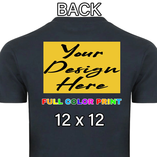 Custom Navy t-shirt 12x12 full back placement full color DTF print
