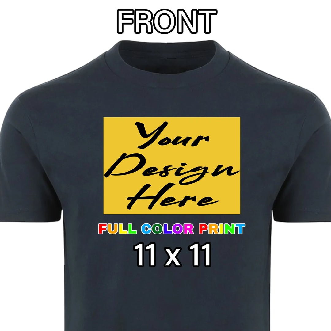 Custom Navy t-shirt with front chest placement full color DTF print