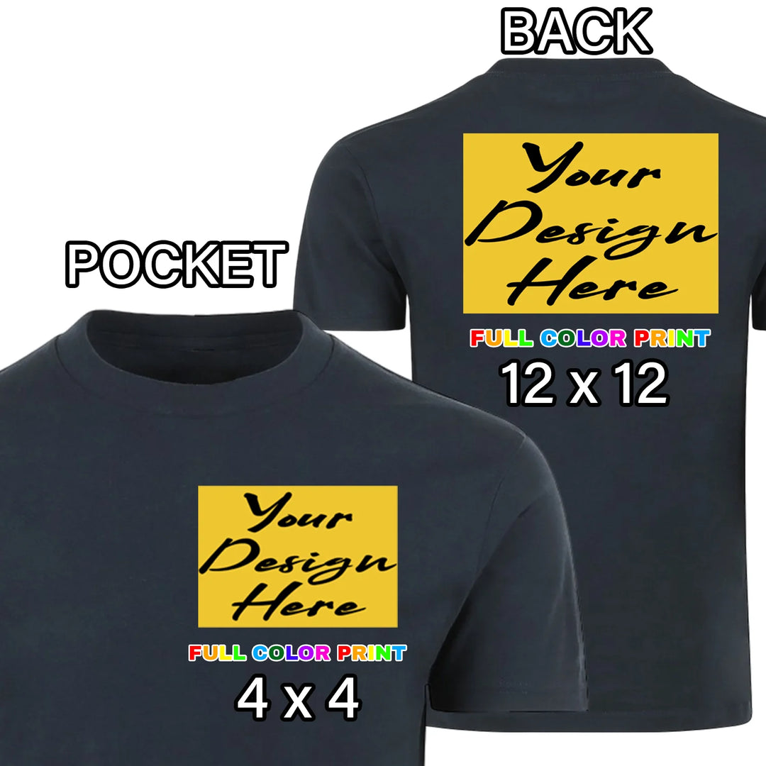 Custom Navy t-shirt pocket and back combo full color DTF print left chest pocket and back placement