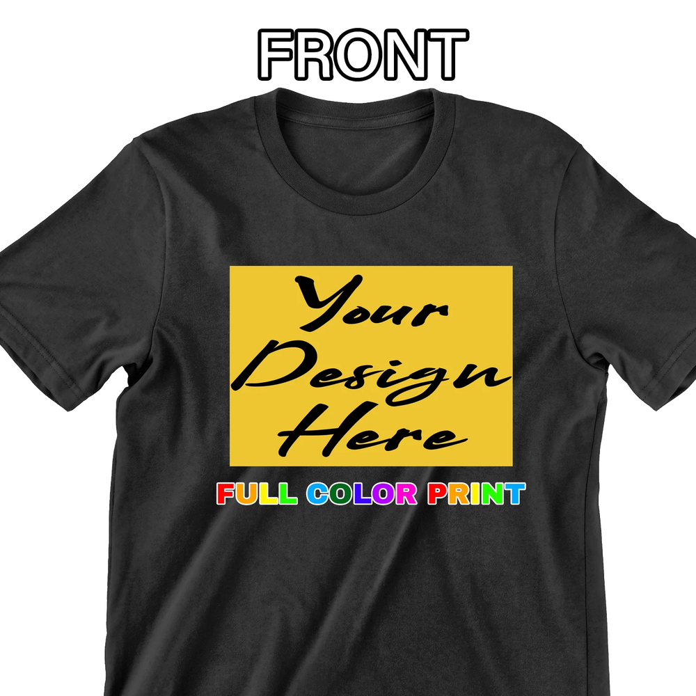 Custom printed t-shirt with full color front design on black tee - upload your artwork for DTF printing