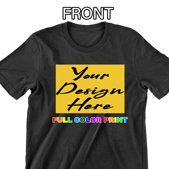 Custom printed t-shirt with full color front design on black tee - upload your artwork for DTF printing
