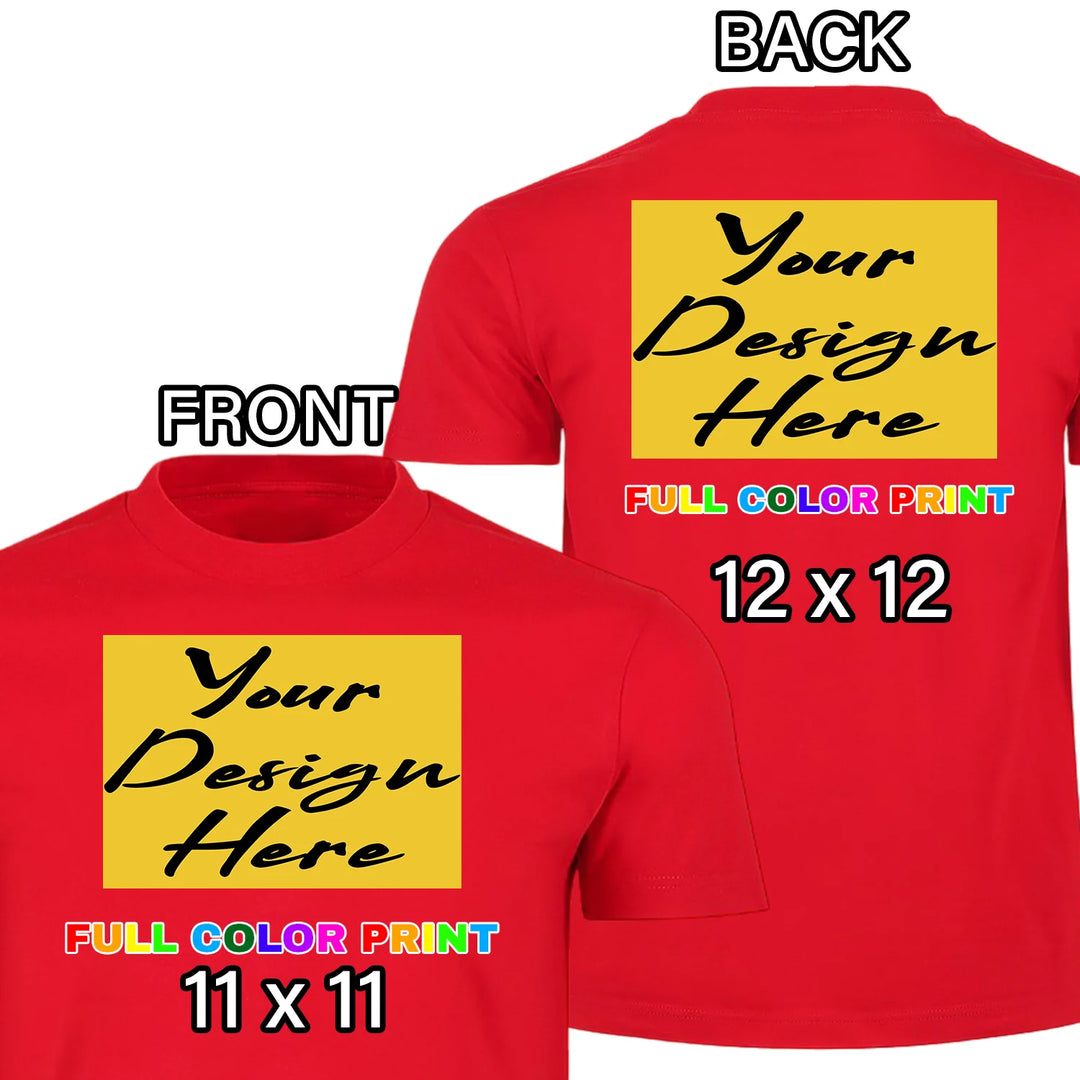 Custom Red t-shirt front and back combo full color DTF print front chest and back placement