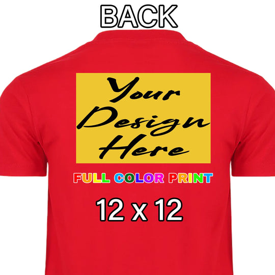 Custom Red t-shirt 12x12 full back placement full color DTF print