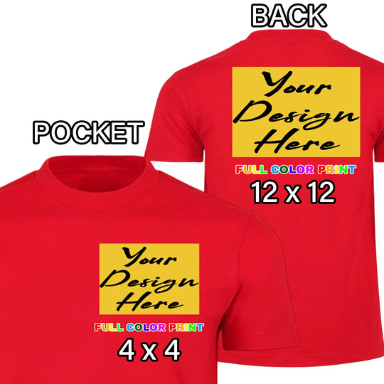 Custom Red t-shirt pocket and back combo full color DTF print left chest pocket and back placement
