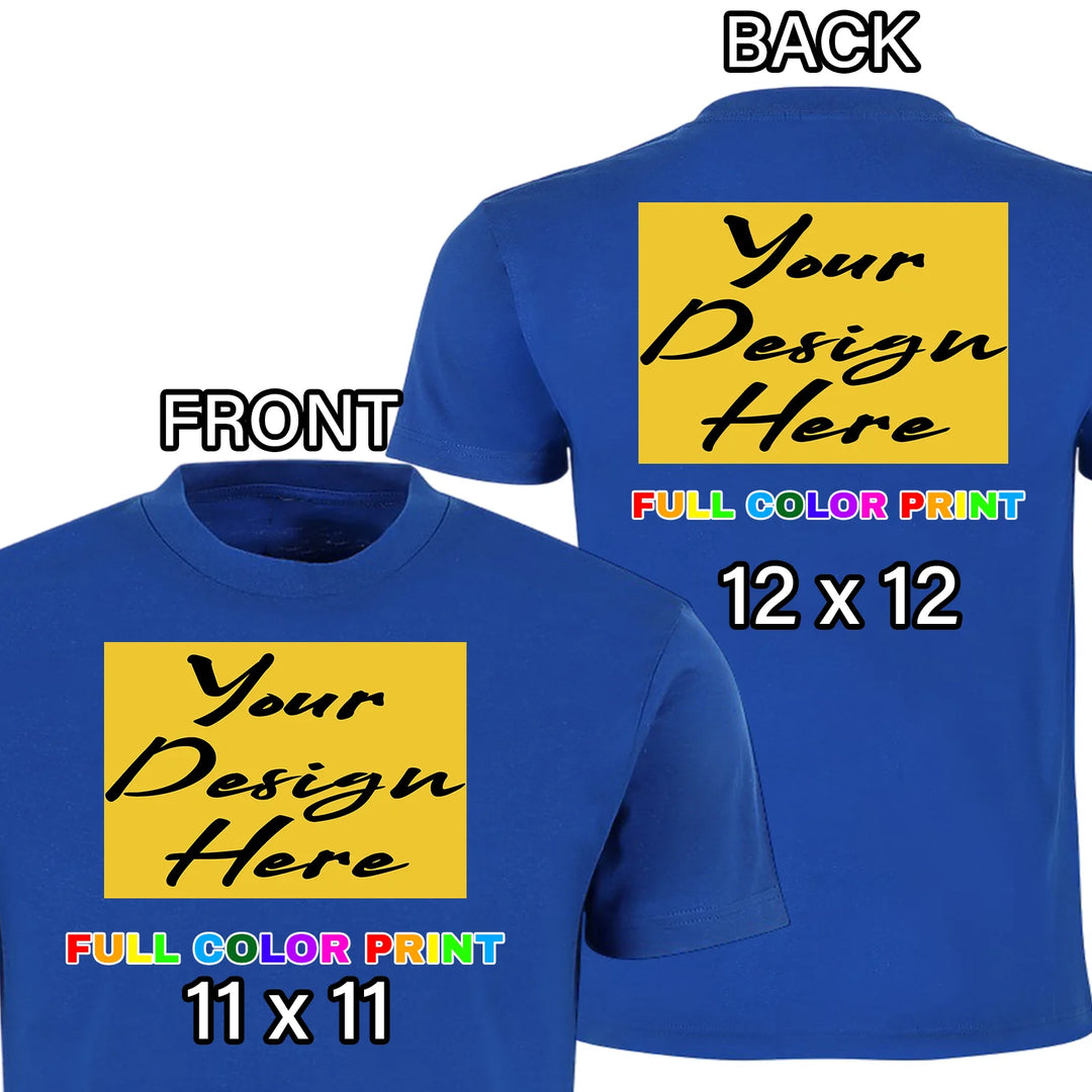 Custom Royal Blue t-shirt front and back combo full color DTF print front chest and back placement