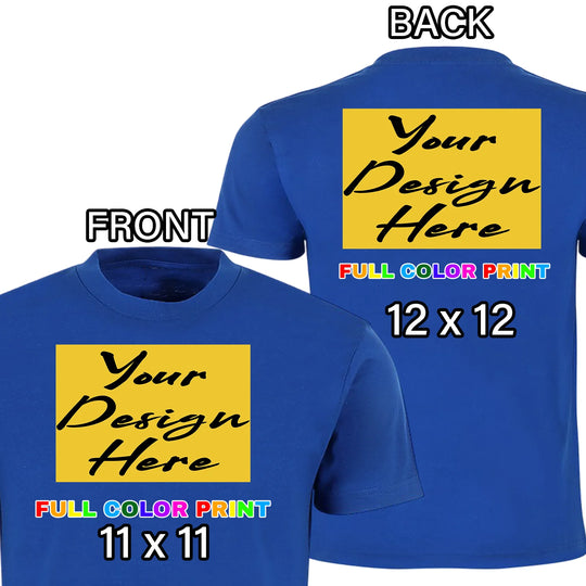 Custom Royal Blue t-shirt front and back combo full color DTF print front chest and back placement