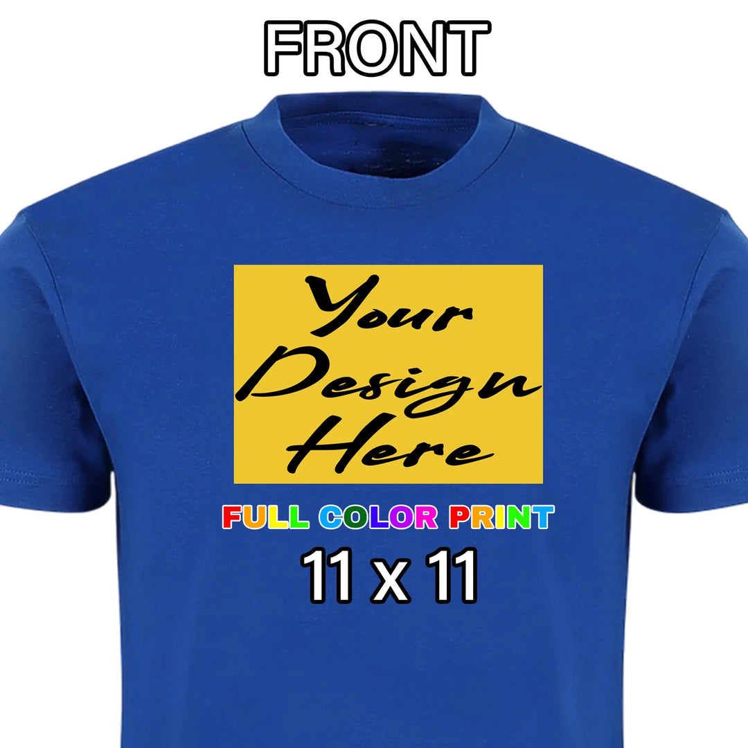 Custom Royal Blue t-shirt with front chest placement full color DTF print