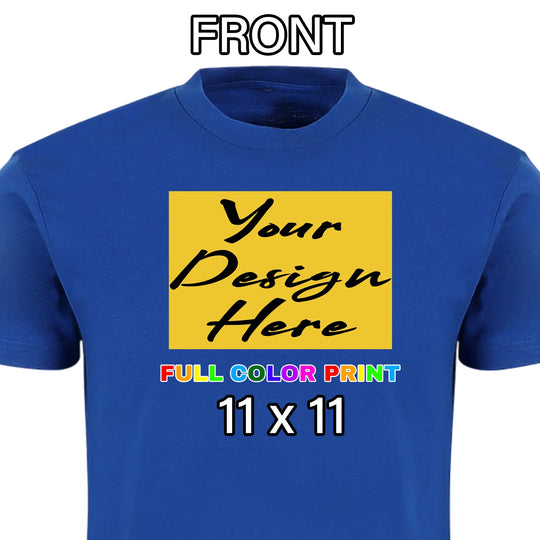 Custom Royal Blue t-shirt with front chest placement full color DTF print