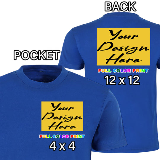 Custom Royal Blue t-shirt pocket and back combo full color DTF print left chest pocket and back placement