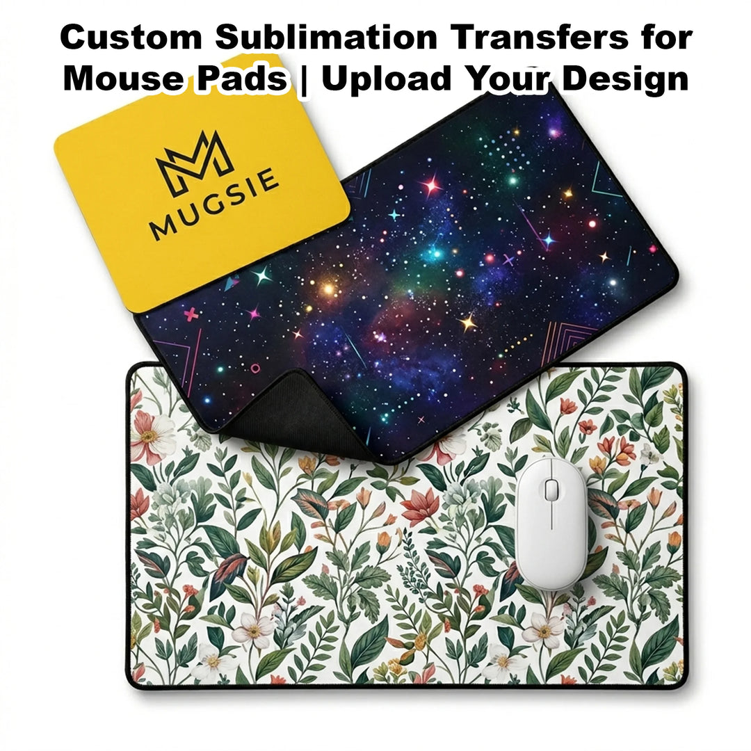 Custom sublimation transfers for mouse pads - standard corporate yellow pad gaming extended pad and floral desk mat - upload your own design - transfer only - printed in USA - Mugsie