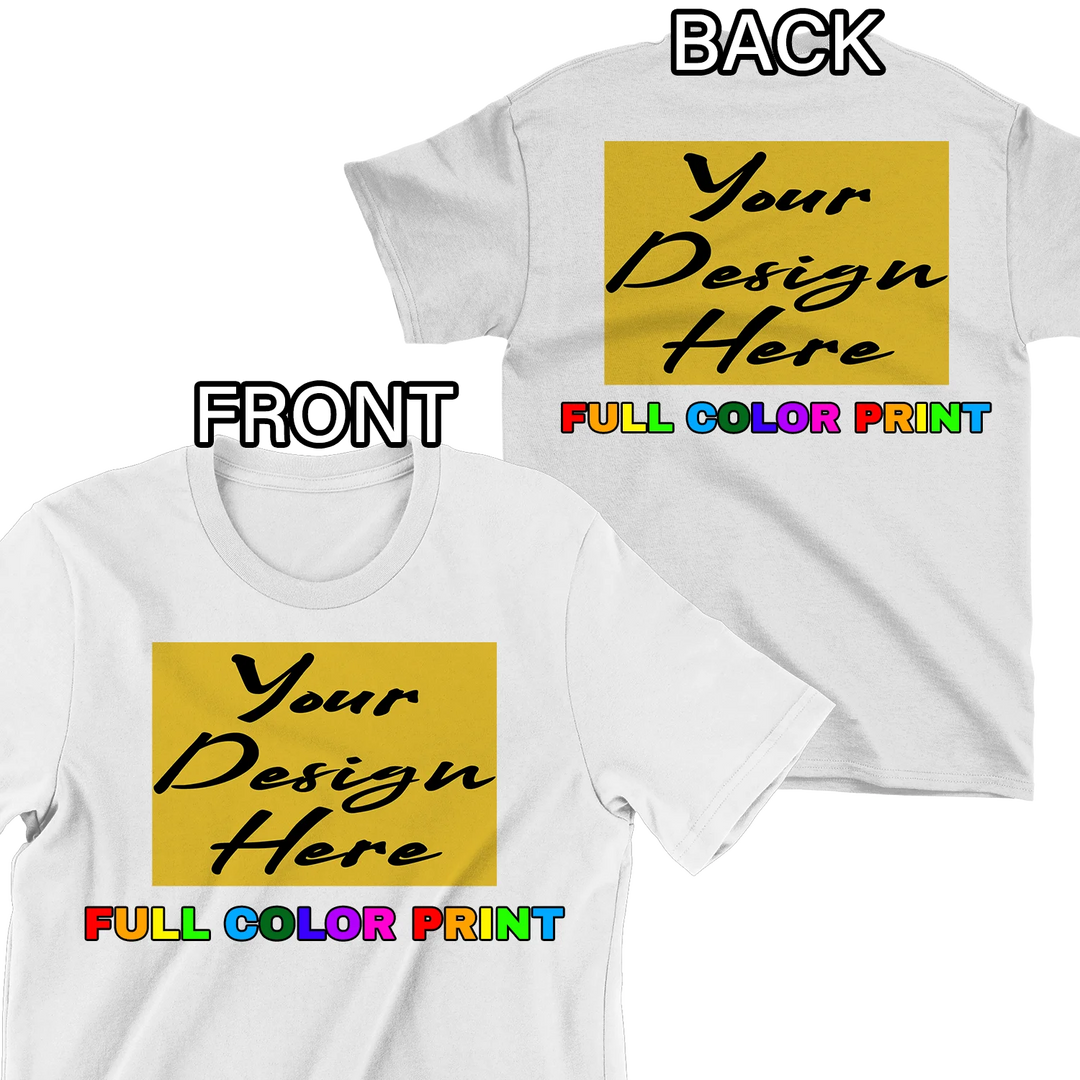 Custom white t-shirt with full color DTF transfers printed on the front and back for a complete custom apparel design