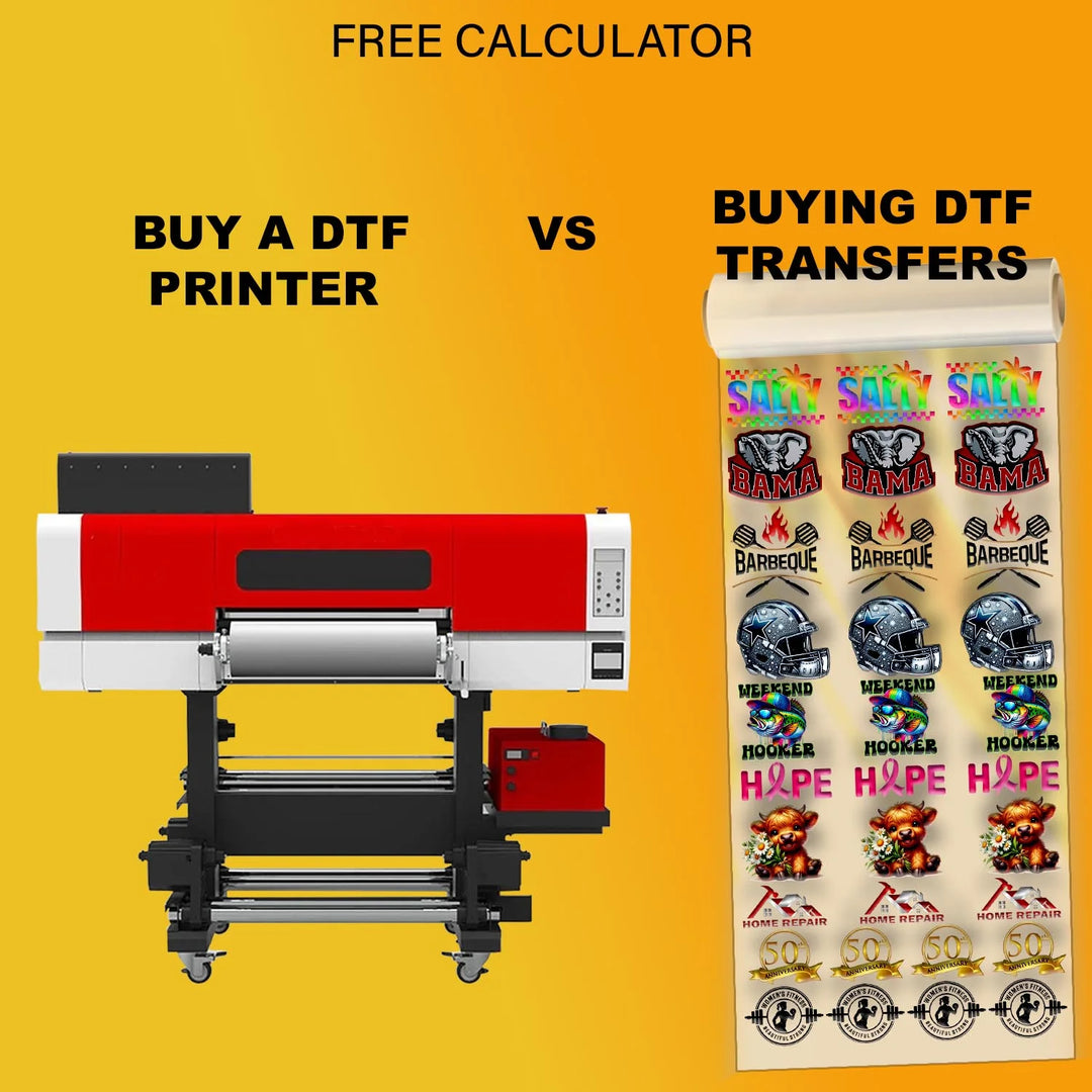 Free DTF printing cost calculator comparing buying a DTF printer versus ordering DTF transfer gang sheets, showing real DTF printer equipment and Mugsie gang sheet with printed designs