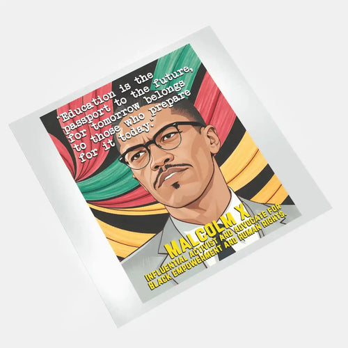 DTF print on film featuring a striking Malcolm X design. Perfect for custom apparel with vibrant and durable results.