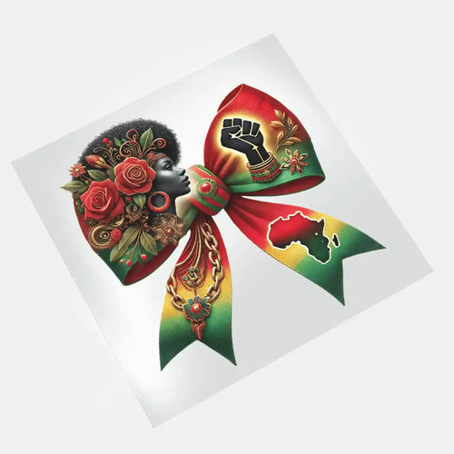 DTF print on film featuring a ribbon, roses, and African map design. High-quality DTF transfer for ready-to-press applications and custom apparel.





