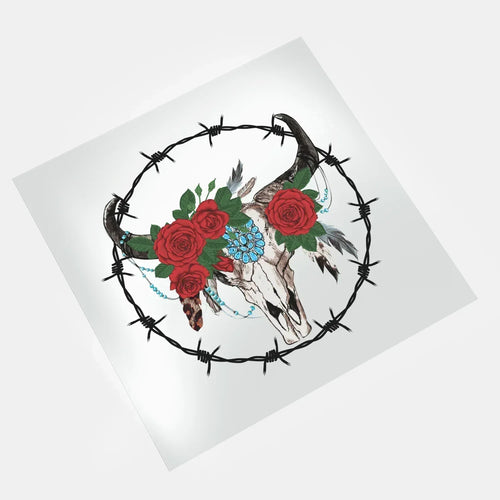 DTF transfer bull skull roses barbed wire western design ready to press