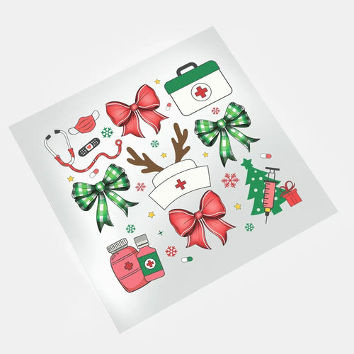 Christmas medical design with red bows DTF transfer ready to press