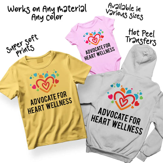 Heart wellness advocate DTF transfer on multiple colored shirts showcase