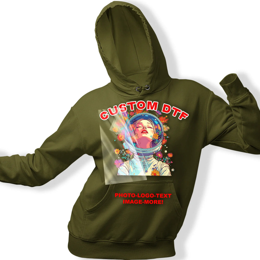 Custom DTF transfer being applied to an olive hoodie. Professional ready-to-press heat transfers for business and apparel brands. Proudly printed in Agoura Hills, California by Mugsie