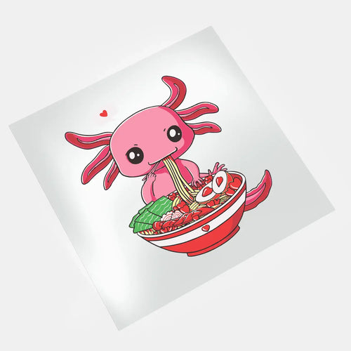 Kawaii pink axolotl eating ramen noodles with hearts DTF transfer design