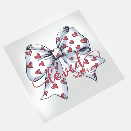 DTF transfer Loved John 3:16 heart bow design ready to press