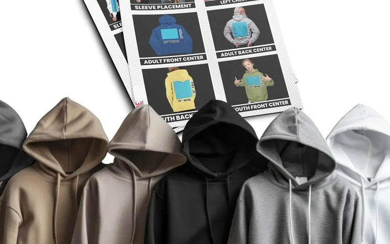 DTF Transfer Placement Guide for Hoodies & Sweatshirts – A visual guide showing proper alignment for front, back, and sleeve prints