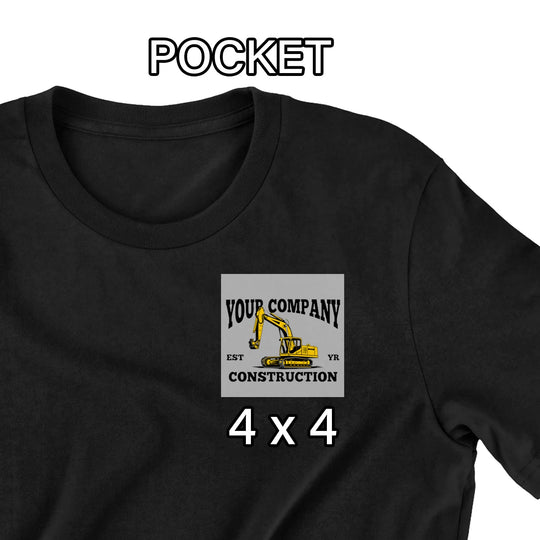 4x4 DTF transfer for left chest pocket placement on construction work shirt
