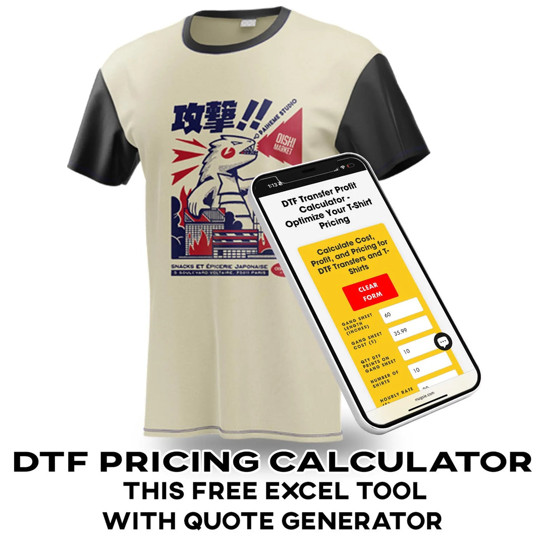 Custom DTF transfer graphic tee showing Japanese streetwear design with free Excel DTF pricing calculator and quote generator tool displayed on phone screen