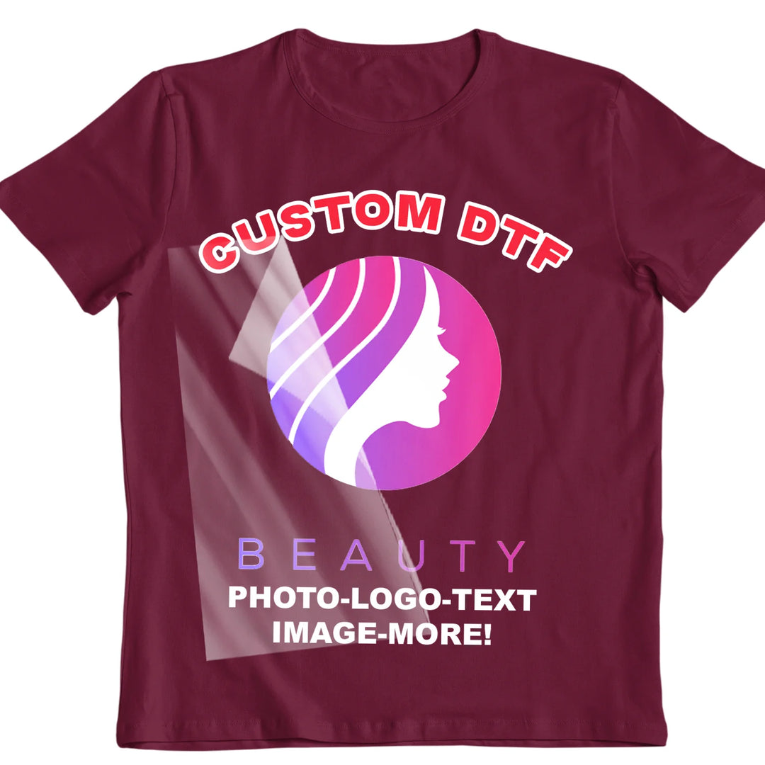 Custom DTF transfer applied to a plus size t-shirt 2XL to 3XL — full color transfer printed in USA by Mugsie, Agoura Hills CA