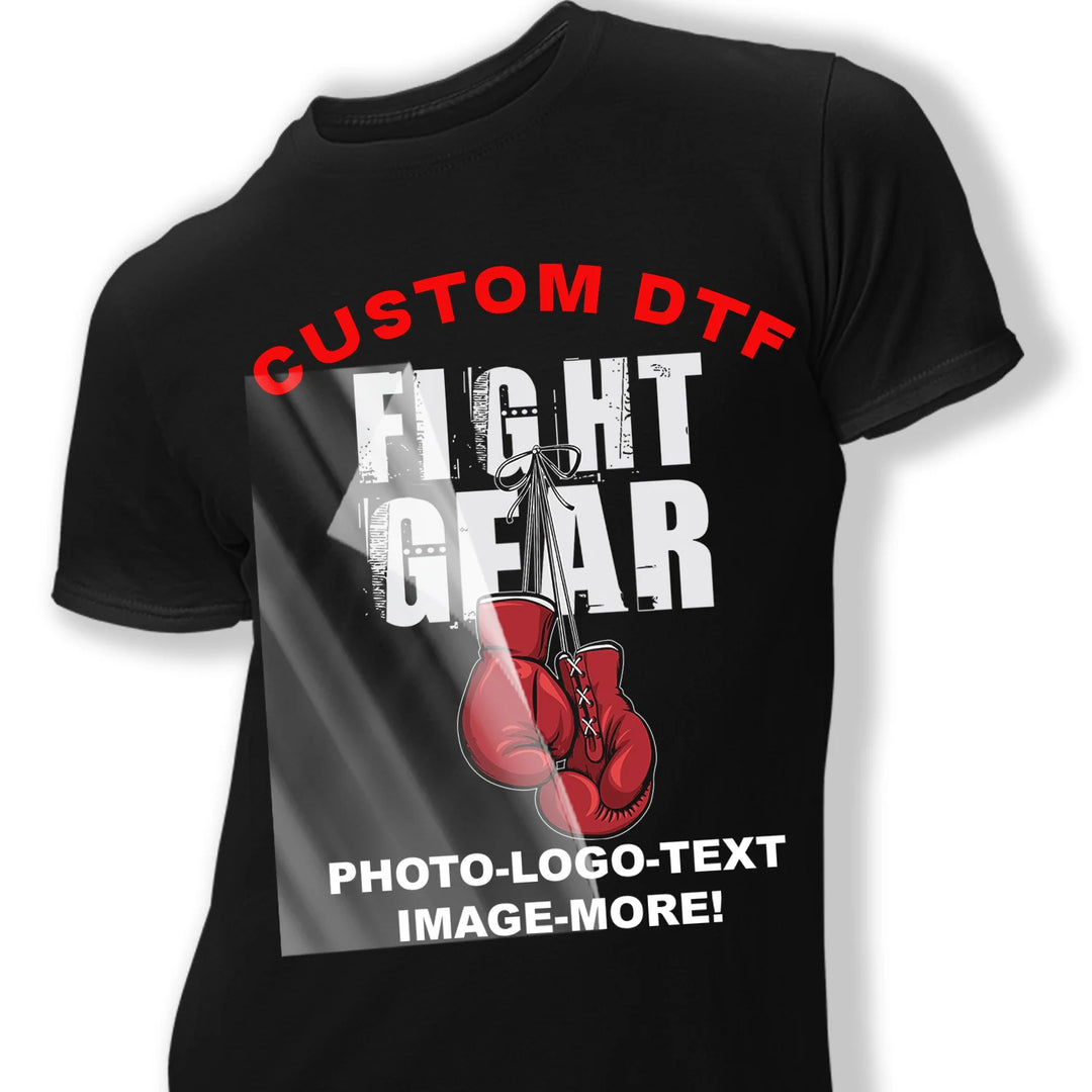 Custom DTF transfer applied to a t-shirt sizes 2XL to 3XL showing a beauty logo design — ready-to-press full color transfer printed in USA by Mugsie