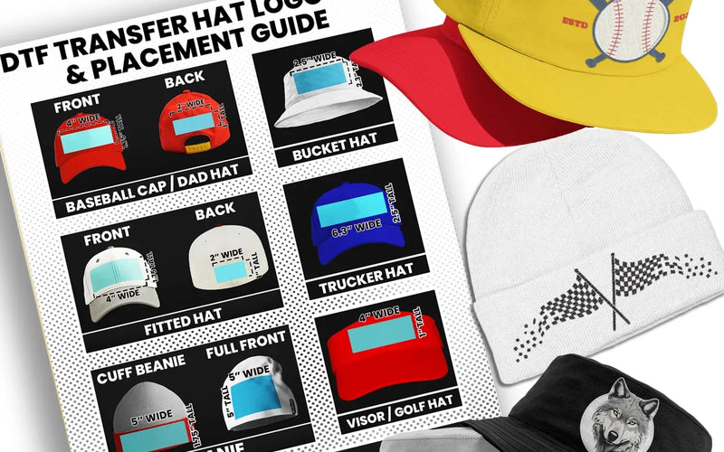 DTF Transfers Hat Logo Size and Placement Guide – Ensure perfect alignment for custom DTF transfers on hats, including snapbacks, beanies, and trucker caps.
