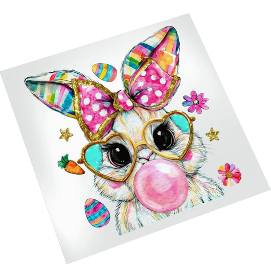 Easter bunny DTF transfer on white background showing bunny character with heart glasses, butterfly, and decorative flowers for holiday apparel