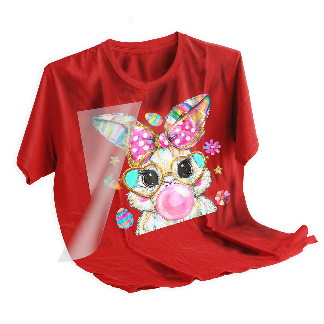 Easter bunny DTF transfer applied to t-shirt showing professional heat press application results with crisp colors and smooth finish
