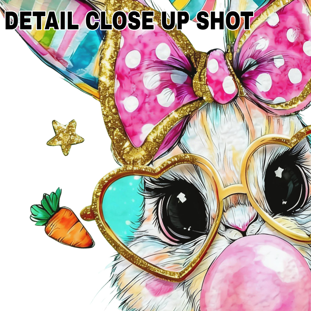 Easter bunny DTF transfer design featuring cute white bunny wearing gold heart-shaped glasses with pink bubblegum nose and colorful butterfly with striped wings