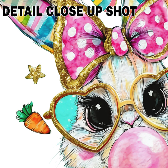Easter bunny DTF transfer design featuring cute white bunny wearing gold heart-shaped glasses with pink bubblegum nose and colorful butterfly with striped wings