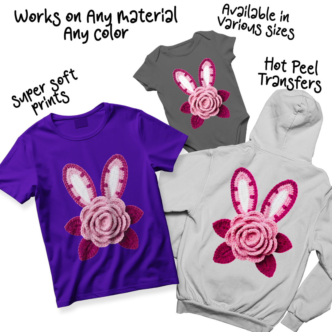 Multi-color Easter DTF transfer design featuring knitted bunny ears in various pink and burgundy shades with fabric-textured appearance