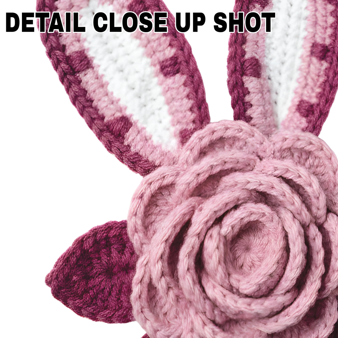 Knitted-style Easter bunny ears DTF transfer design with pink rose centerpiece and burgundy accents on white background
