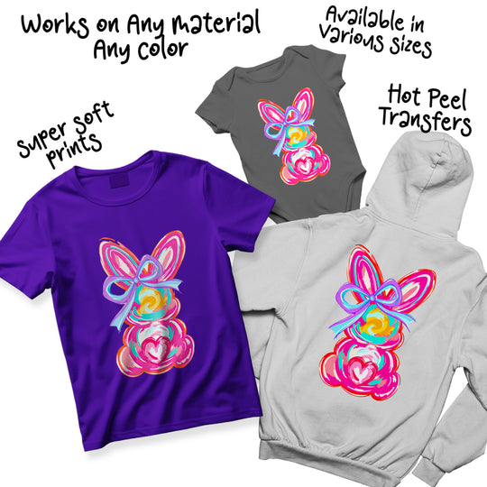 Multi-color variations of Easter bunny DTF transfer design showing different colorway options with purple bow and heart elements