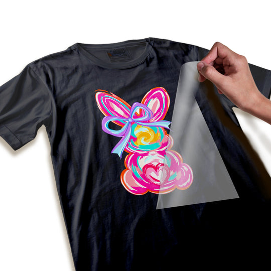 Close-up detail shot of Easter bunny DTF transfer showing high-quality print resolution, watercolor brush texture, and purple bow craftsmanship