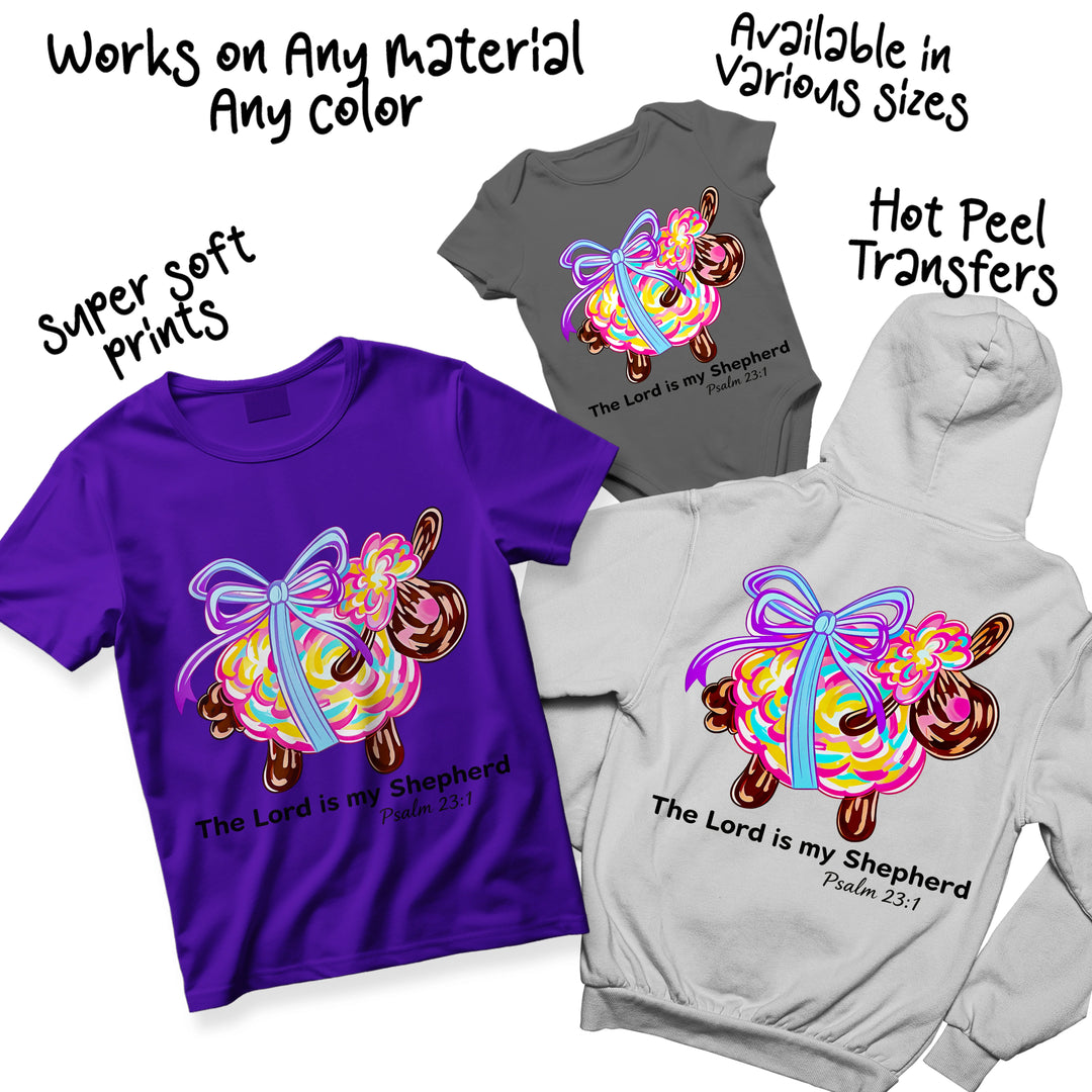 Multi-color variations of Easter lamb DTF transfer showing different bow colors and floral accent options