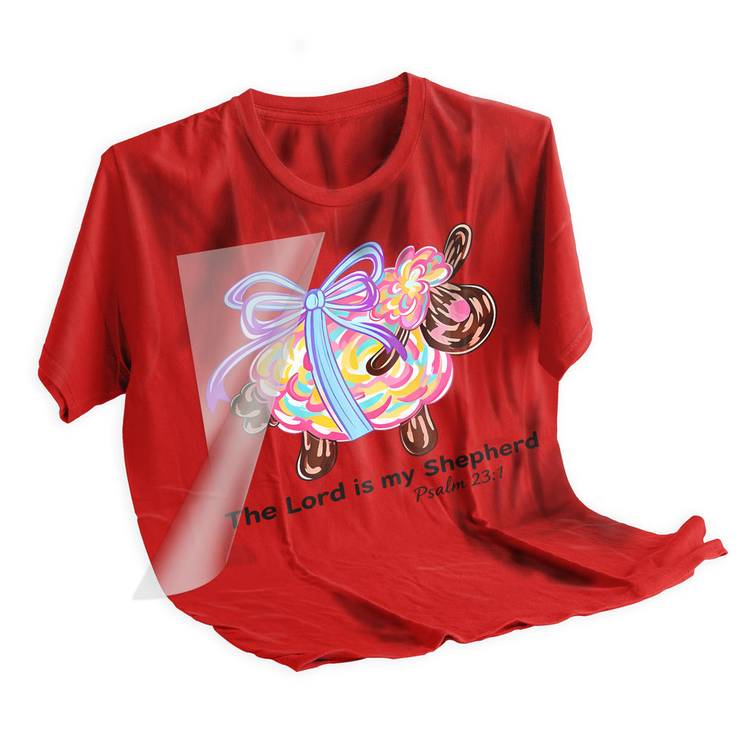 Easter lamb DTF transfer applied to white t-shirt showing vibrant colors and textured wool appearance after heat pressing