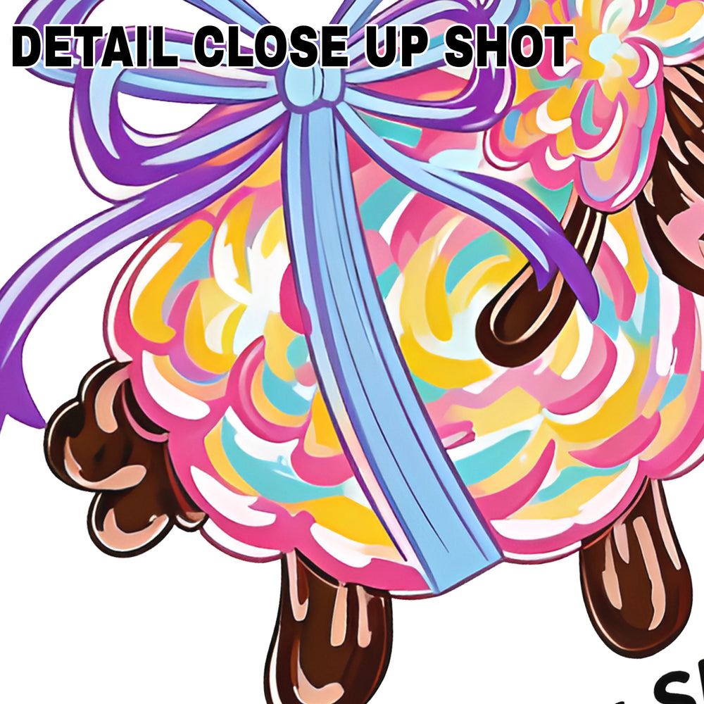 Colorful Easter lamb DTF transfer design with purple bow, floral accents, and Psalm 23:1 text on gray background