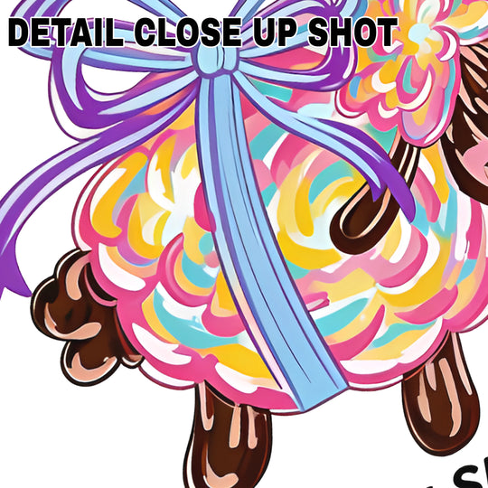 Colorful Easter lamb DTF transfer design with purple bow, floral accents, and Psalm 23:1 text on gray background
