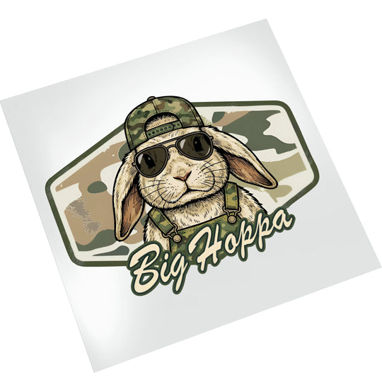 Big Hoppa Easter bunny DTF transfer on white background showing detailed camo pattern and sunglasses design ready for heat pressing