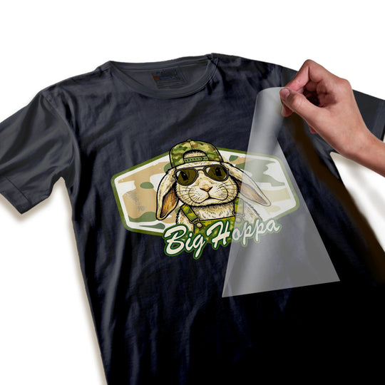 Close-up detail of Big Hoppa Easter bunny DTF transfer showing high-quality printing, camo texture, and sunglasses reflection effects