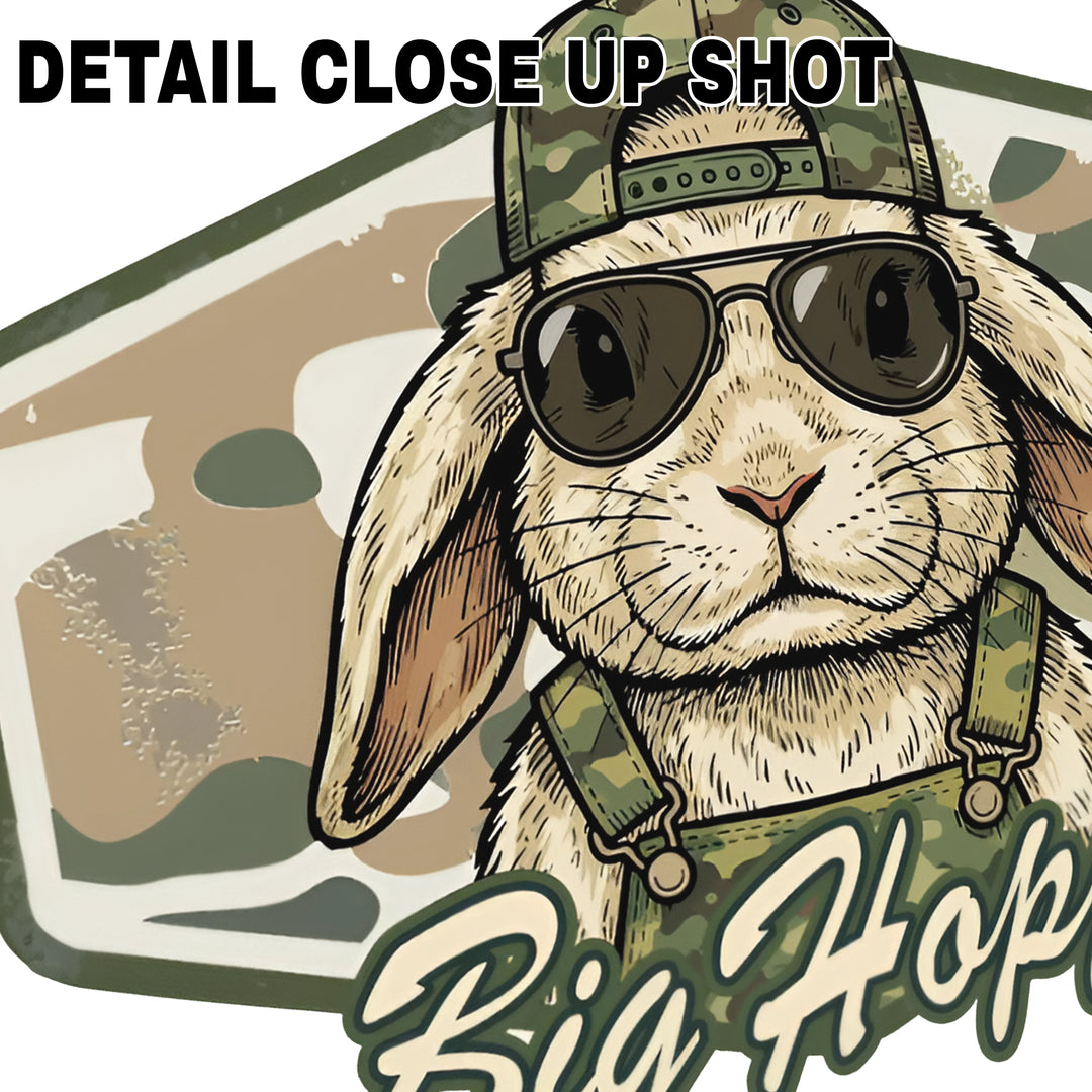 Easter DTF transfer design showing cartoon bunny wearing military camouflage baseball cap and dark sunglasses with Big Hoppa text