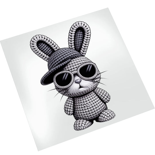 Easter bunny DTF transfer with rope-like textured design and sunglasses displayed on white background mockup