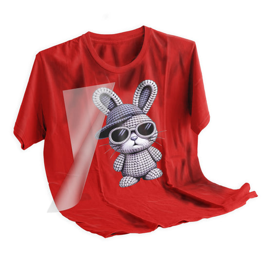 Applied Easter bunny DTF transfer on t-shirt showing final pressed result with detailed texture