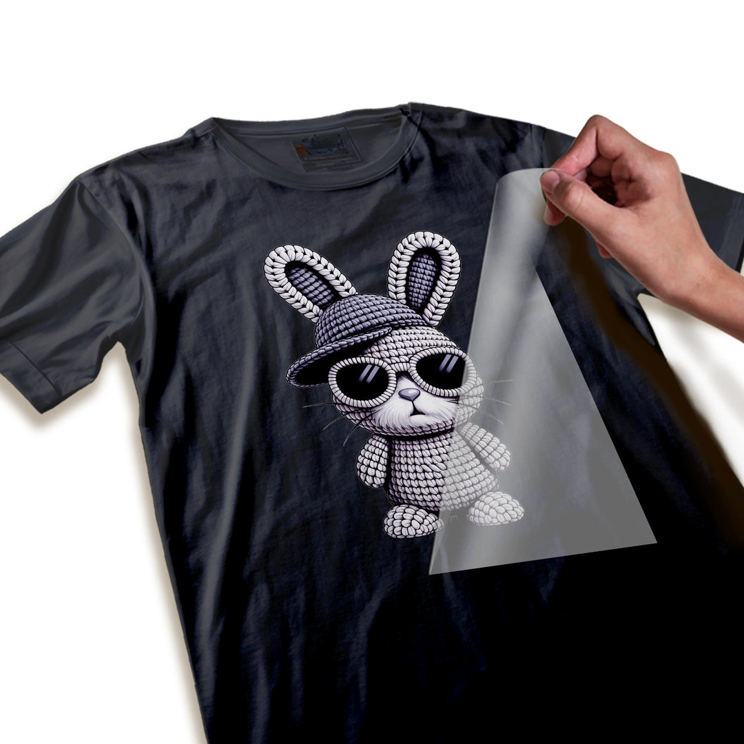 Close-up detail of knitted texture pattern and sunglasses on hipster Easter bunny DTF transfer
